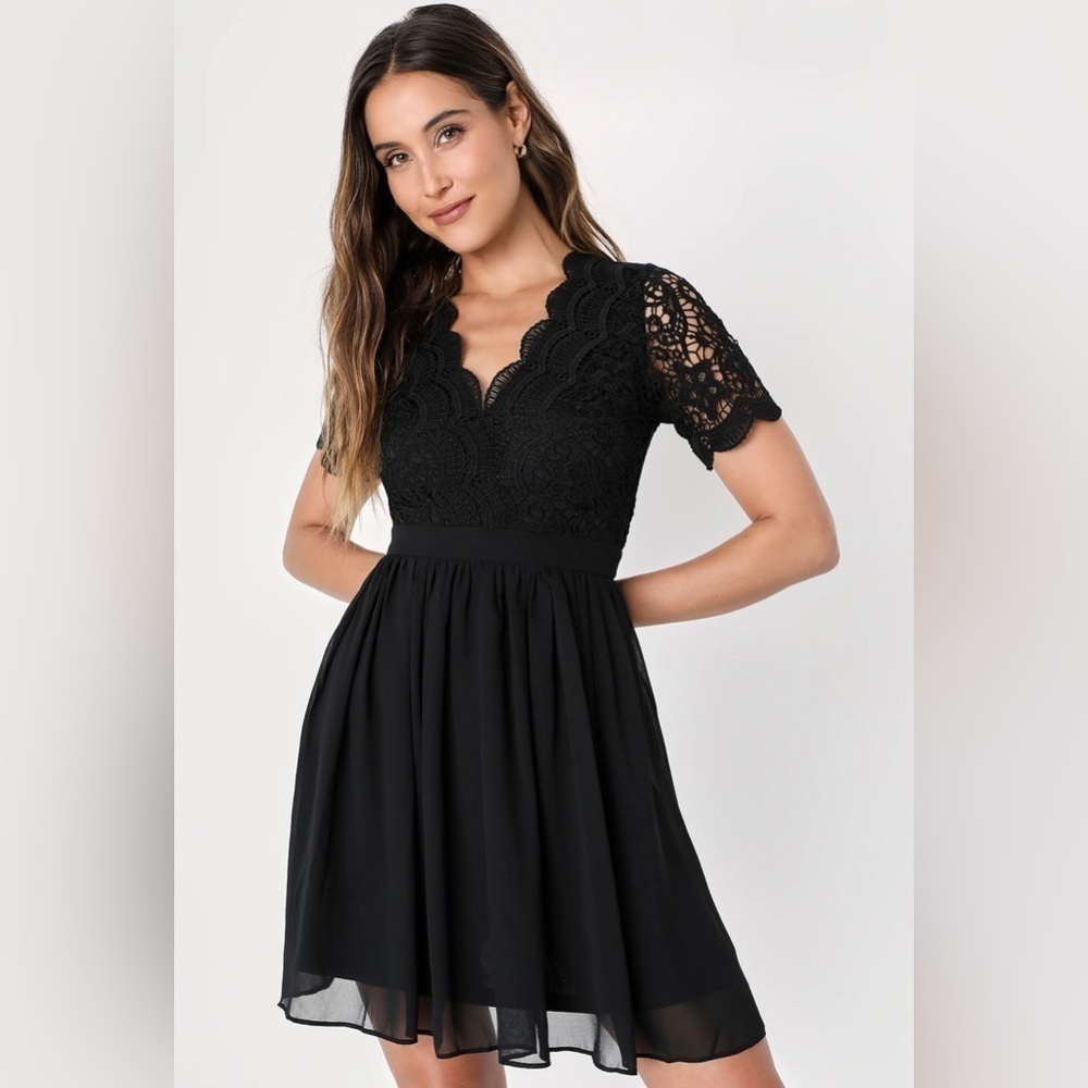 Lulus Angel in Disguise Black Lace Chiffon Skater Dress Women’s Size XS